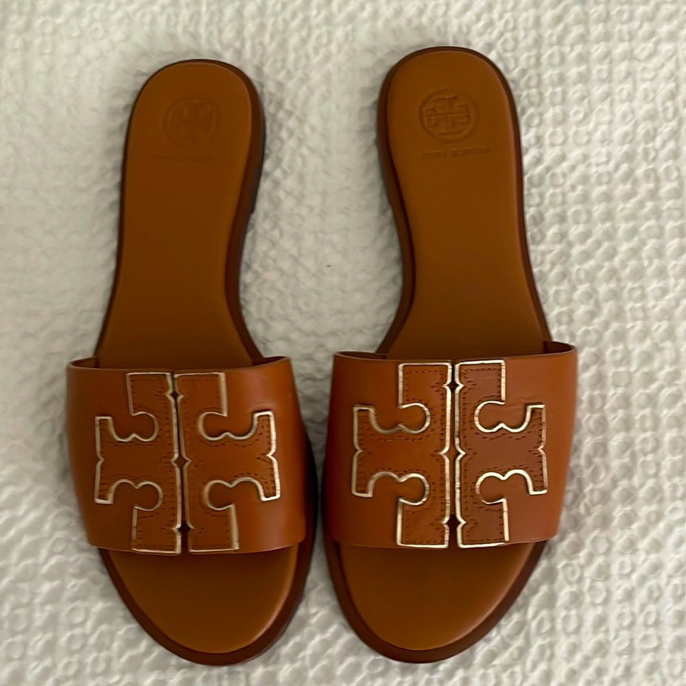 Tory Burch brown leather slides; size 7